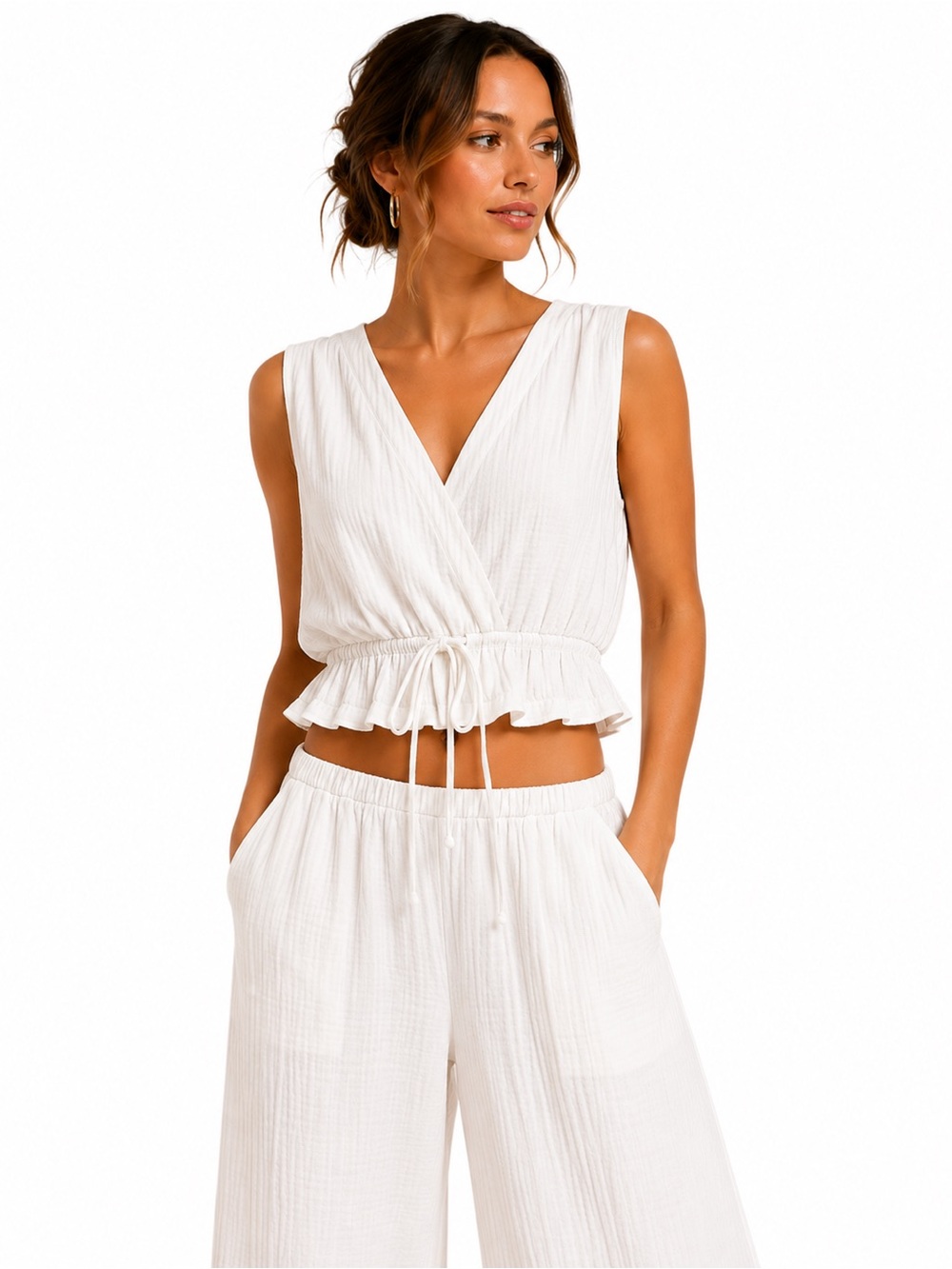 Lush White V-Neck Tie-Waist Ruffle Crop Camisole